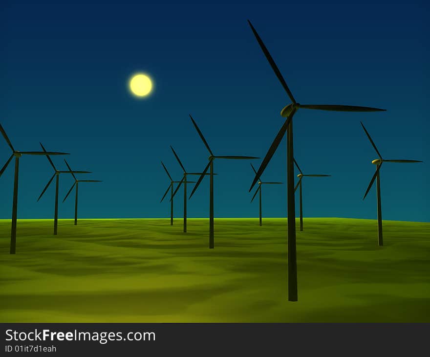 3d image,windmill on green land.