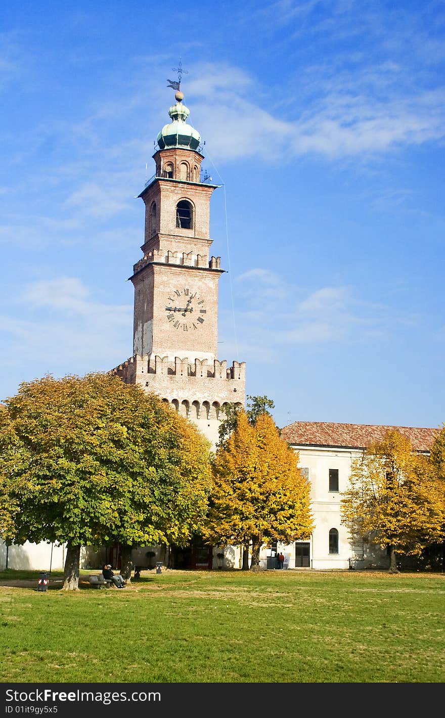 Castle with clock tower and park. Castle with clock tower and park