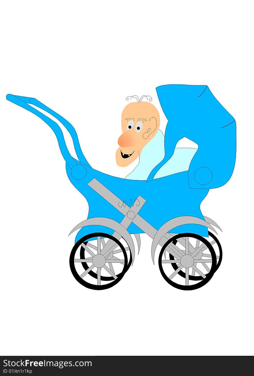 Our baby. Picture a small baby, who observes the world with a pram. Drawings, graphics, cartoon.