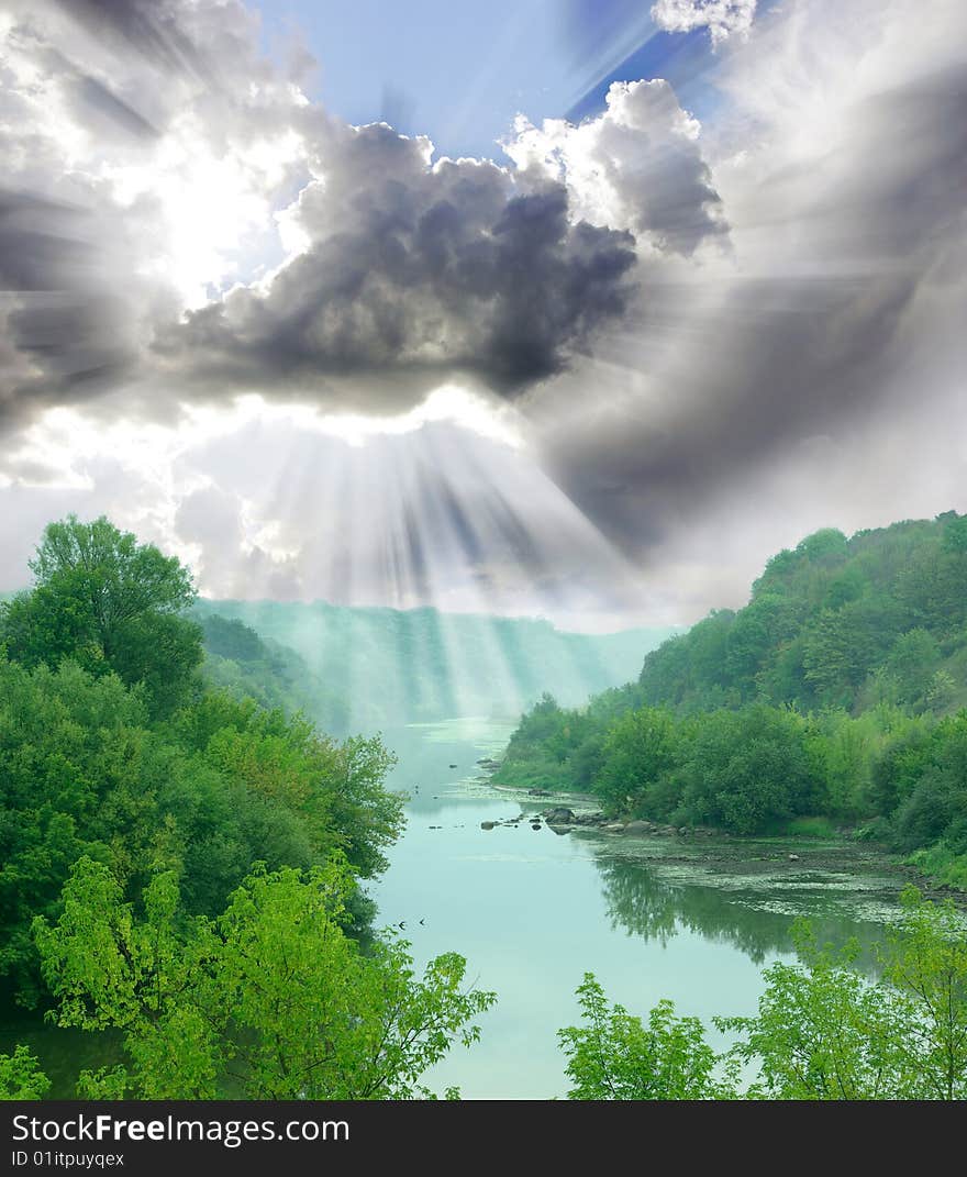 Landscape - meadow, the blue sky and river