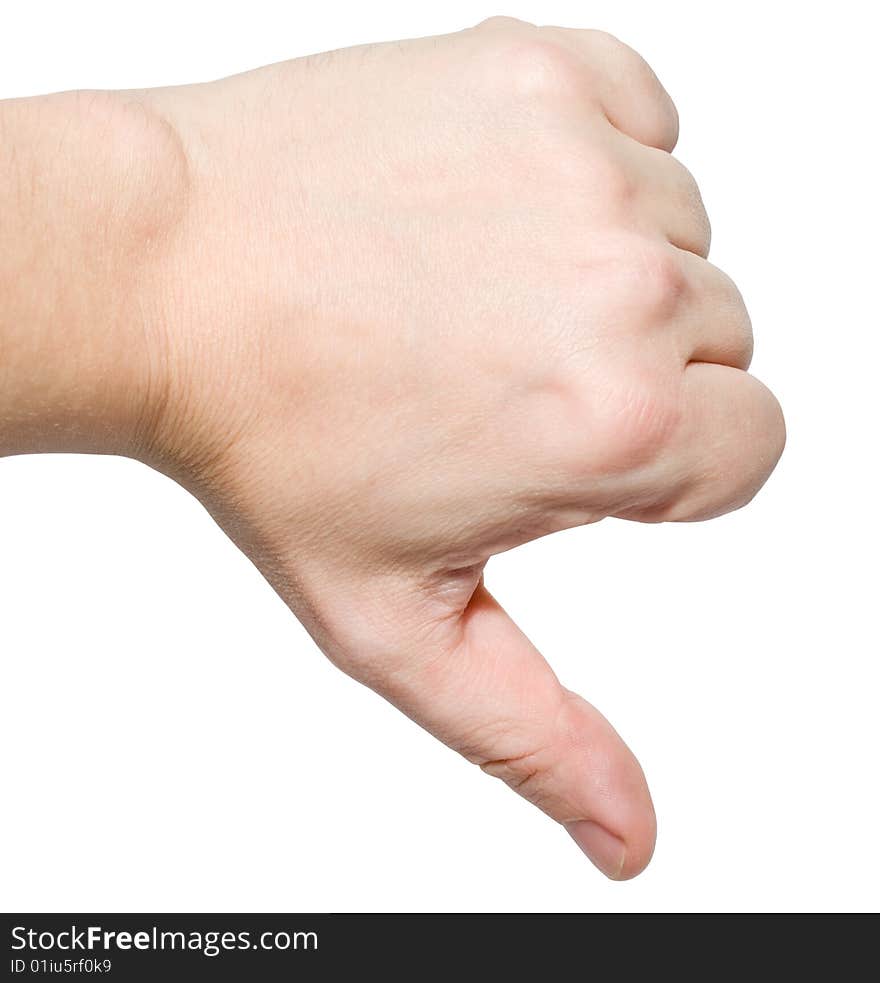 Mans hand with finger up/down closeup isolated on white