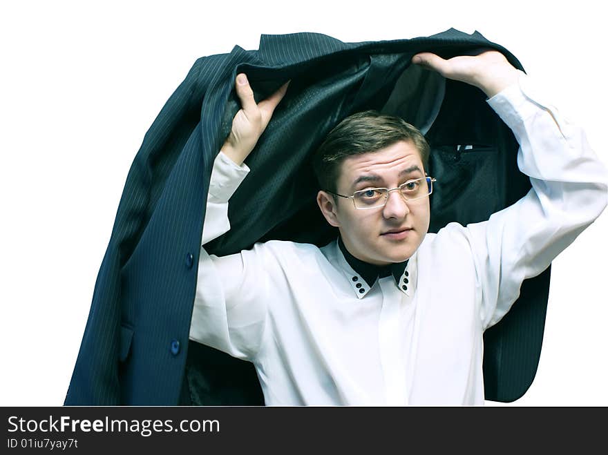 The businessman holds in hands a jacket. The businessman holds in hands a jacket.