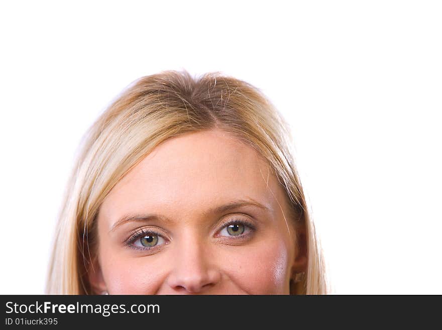 Womans eyes looking up isolated on white. Womans eyes looking up isolated on white