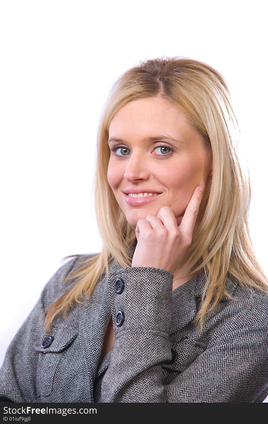 Business woman thinking isolated on white in studio