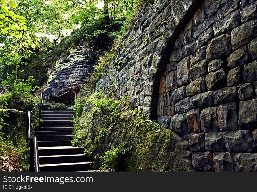 Wall and steps in the forest of germany