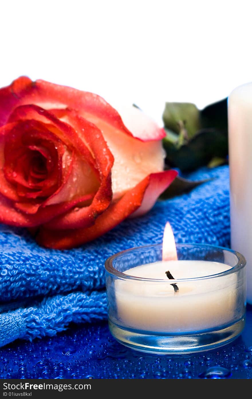 Candle with flower on blue background