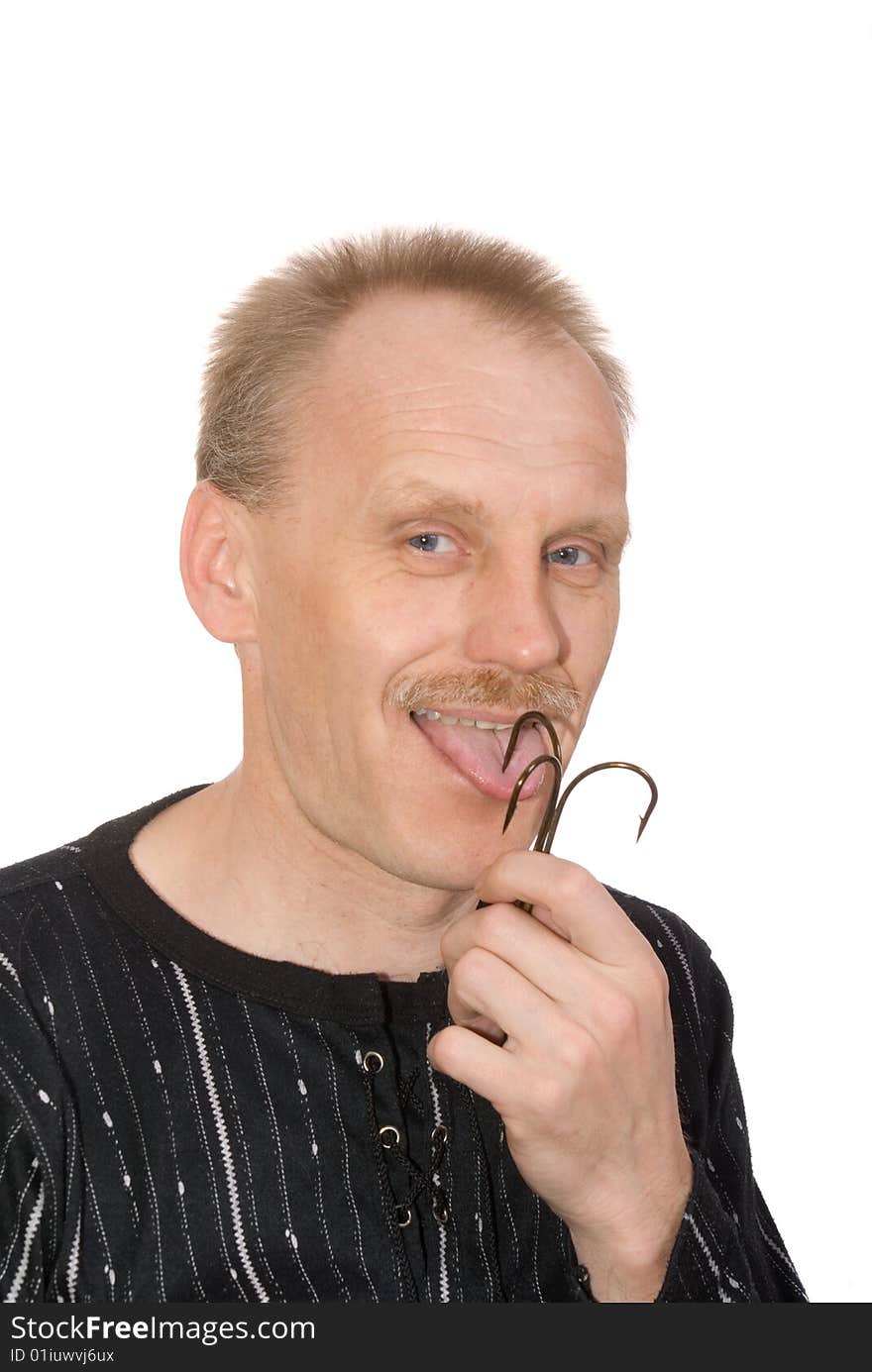 Man with fishing hook on white background. Man with fishing hook on white background