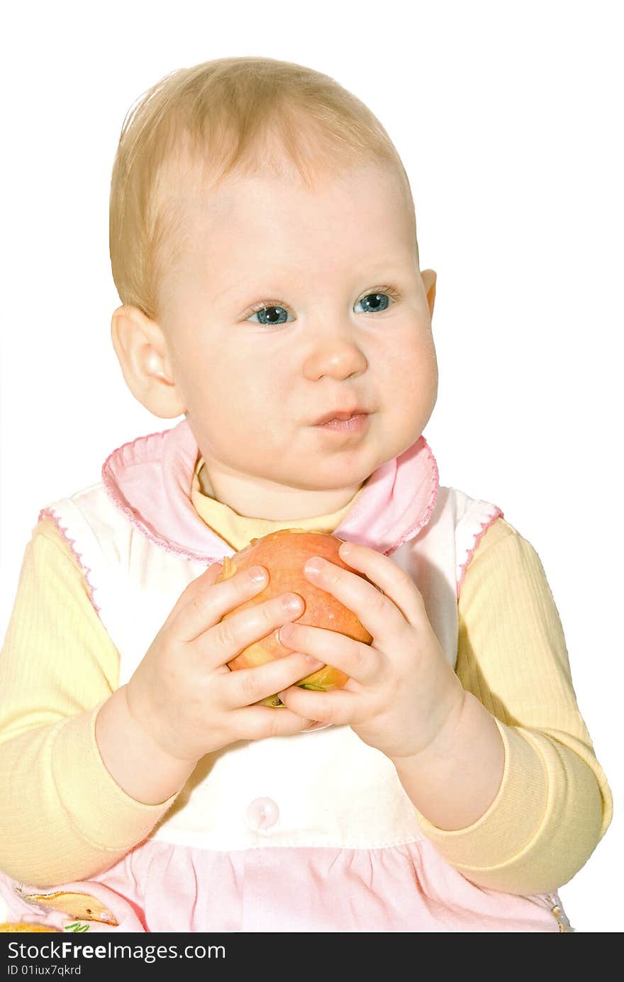 Small child with apple in hand on white background. Small child with apple in hand on white background