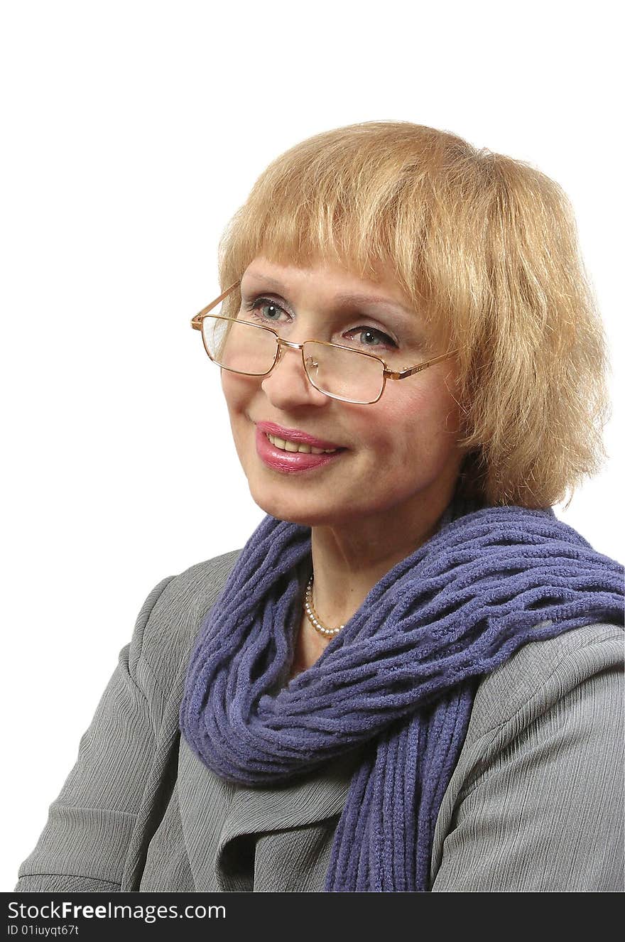 Woman bespectacled with good look at white background