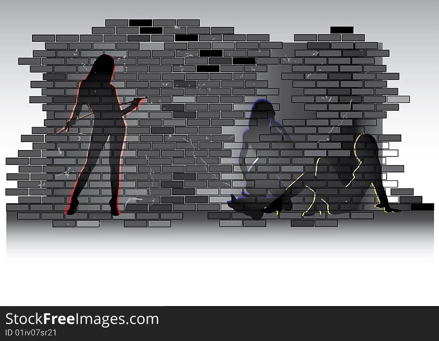 Street drawing of three woman on brick wall