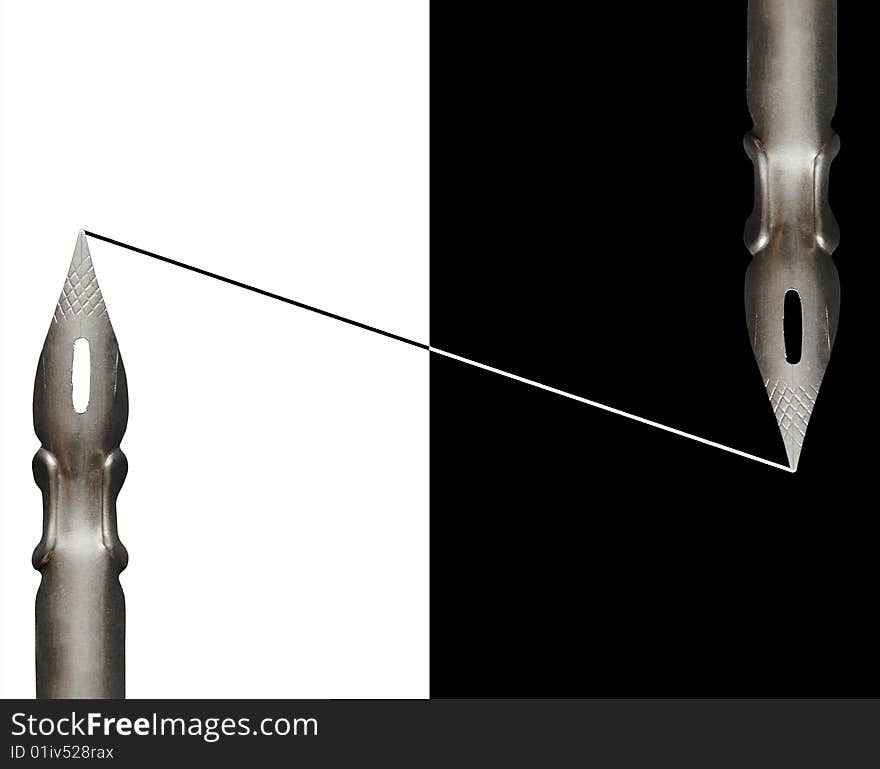 Two old steel pens drawing line simultaneously on black and white background