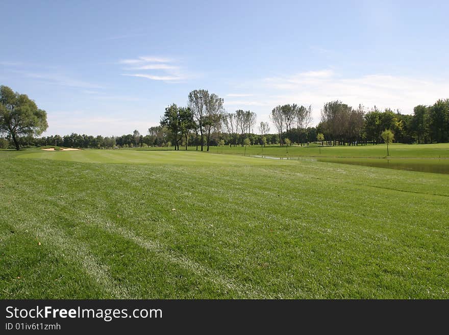 There are grassplot and some tree in the golf course.