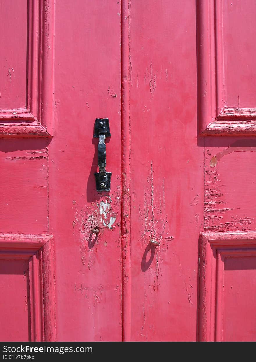 Old red door close up