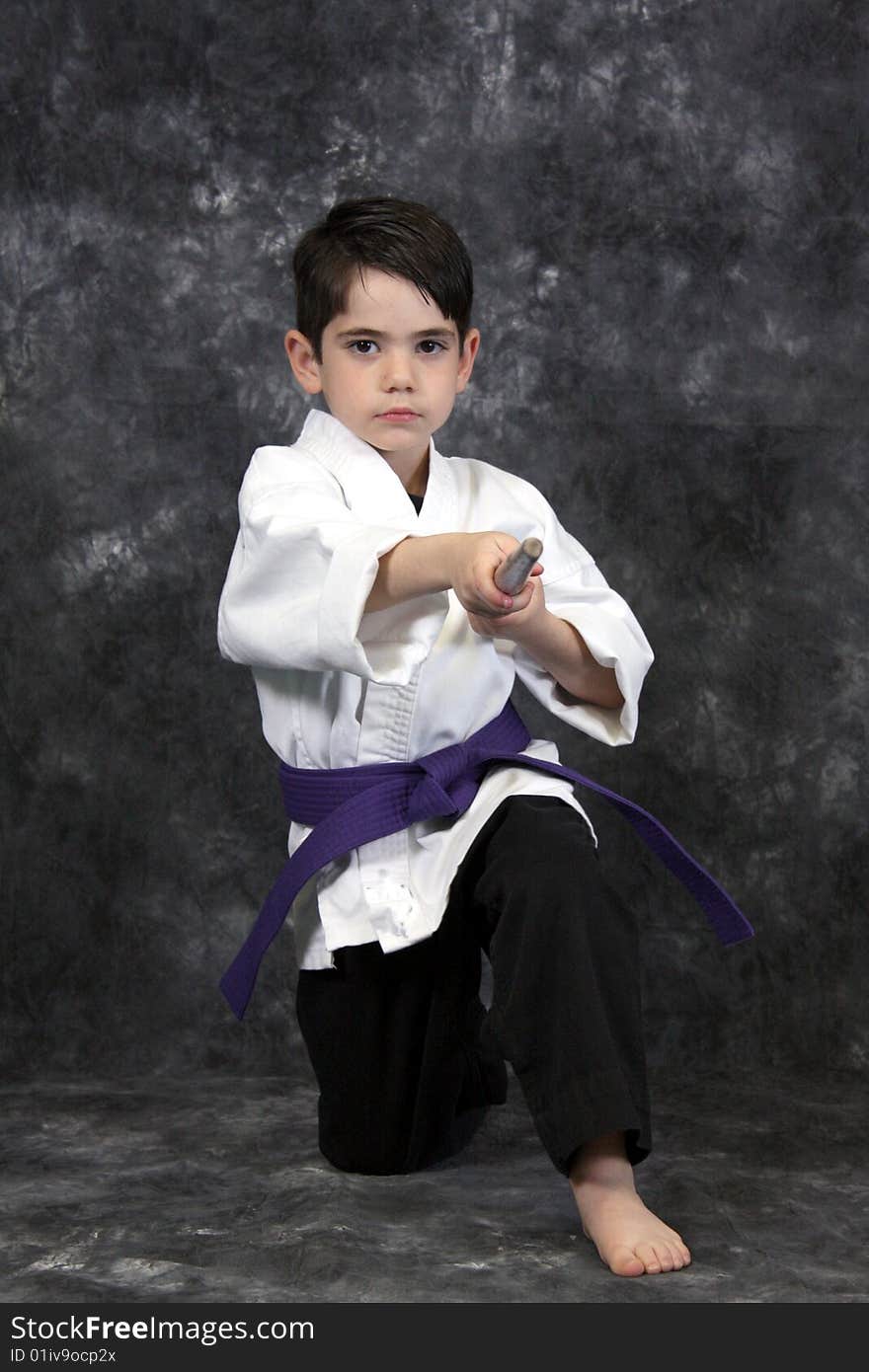 A young boy in fight stance martial arts pose wearing a purple belt holding nun chuks. A young boy in fight stance martial arts pose wearing a purple belt holding nun chuks