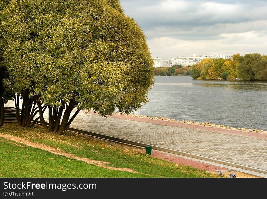 The river shore with an urban autumn paysage. The river shore with an urban autumn paysage