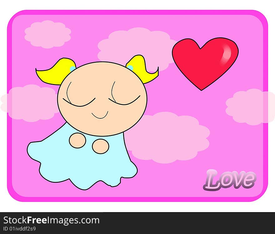 A sweet romantic little girl flying in the sky and thinking about love on a pink tag. Digital drawing. Coloured picture. A sweet romantic little girl flying in the sky and thinking about love on a pink tag. Digital drawing. Coloured picture.