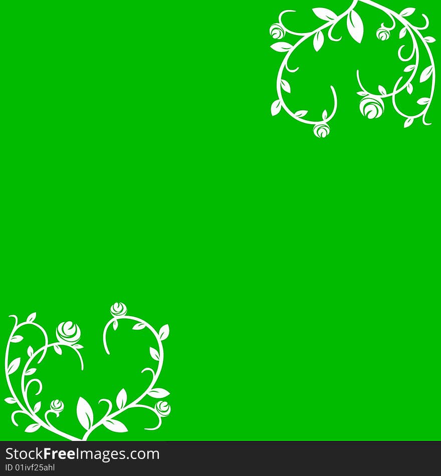 A bold green background with white floral patterns in corners. A bold green background with white floral patterns in corners