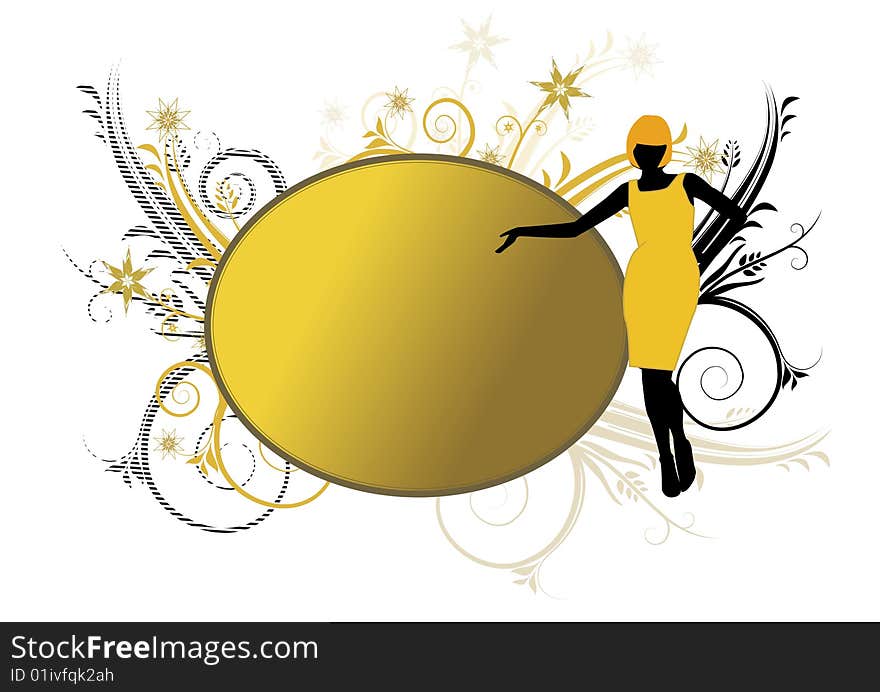 Yellow banner or frame with women silhouette in dress and swirls in background