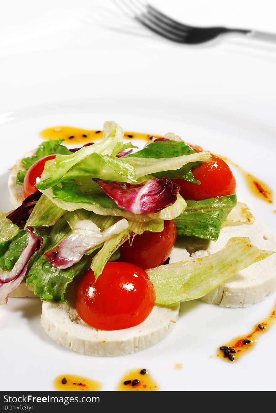 Breast of Chicken Plate Served with Hot Sauce, Vegetables and Salad Leaves