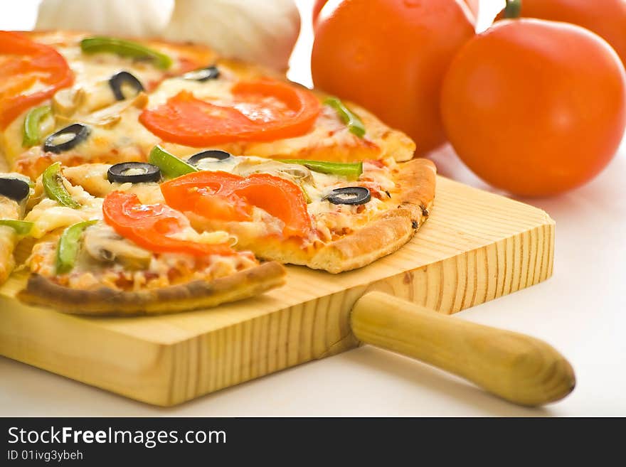 Homemade pizza with fresh tomato olive mushroom cheese isolated. Homemade pizza with fresh tomato olive mushroom cheese isolated