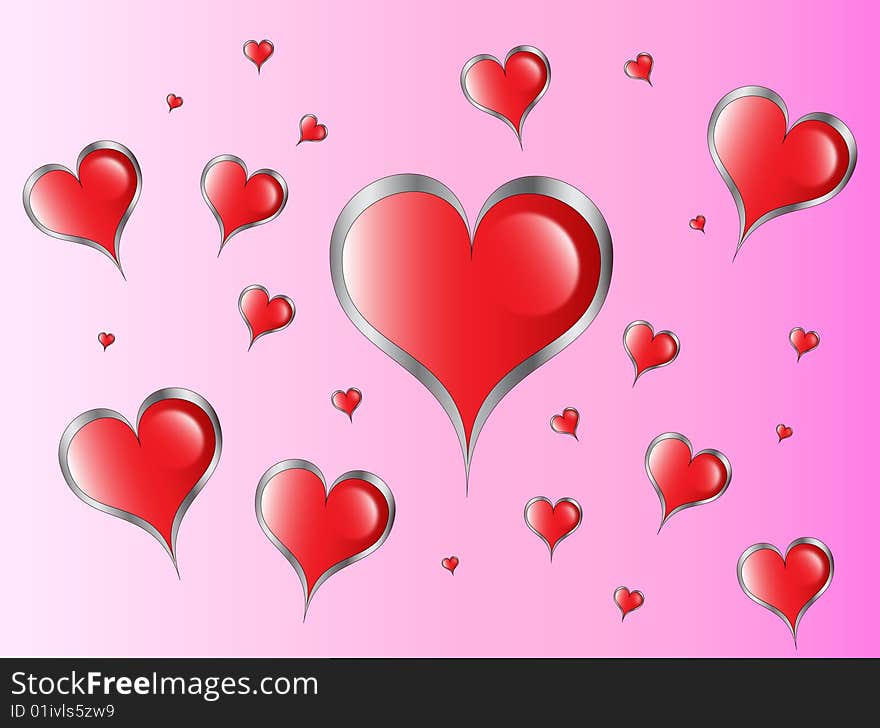 Red metalic hearts over pink background. Red metalic hearts over pink background