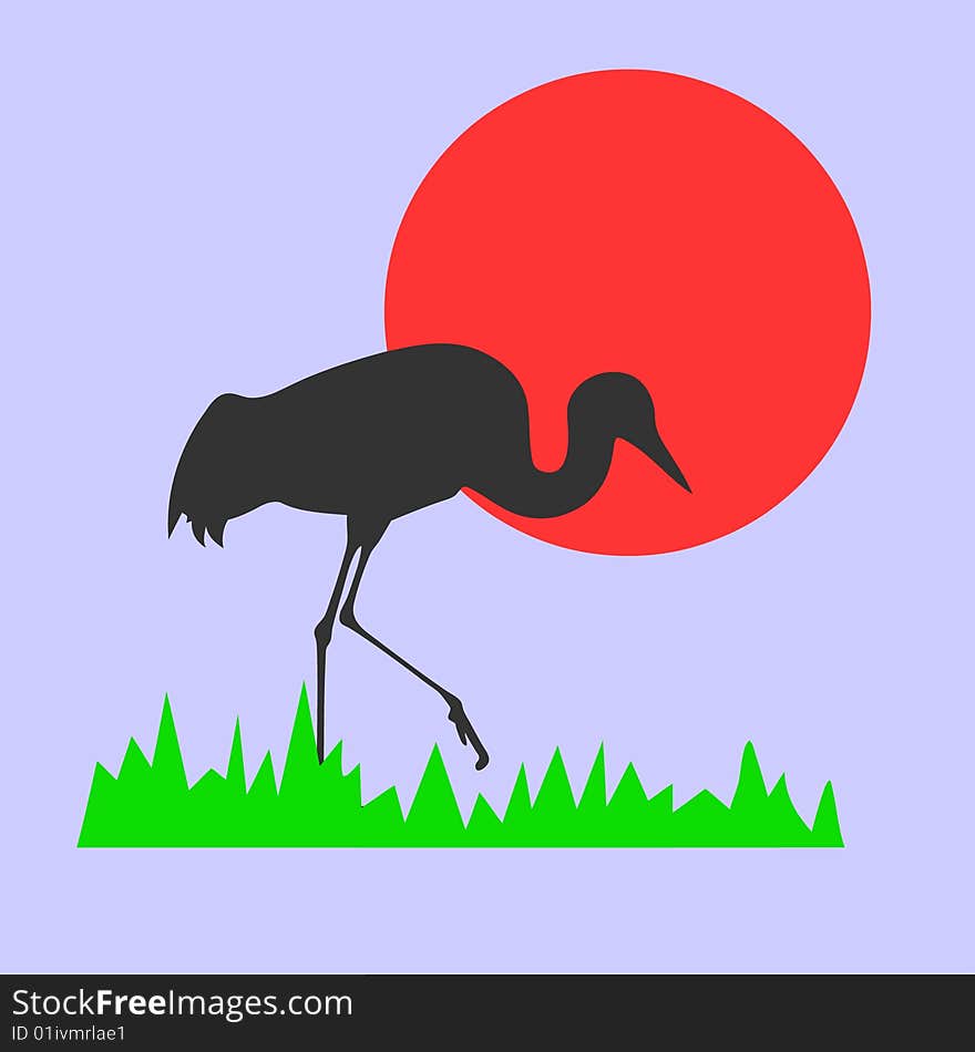 Vector silhouette of the crane on background red sun