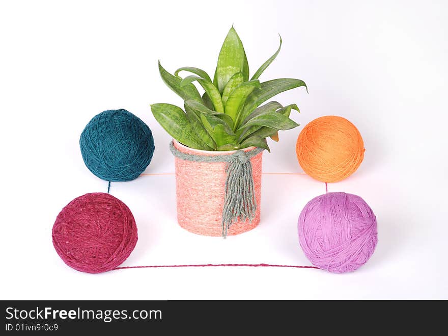 Flowerpot And Clew Isolated On A White Background