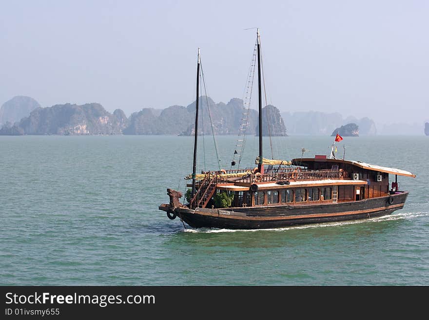 Boat and Islands in Halong Bay, Northern Vietnam