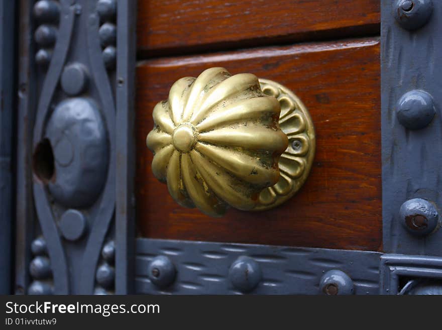 Budapest - Hungary.Ancient wood door with gold. Budapest - Hungary.Ancient wood door with gold