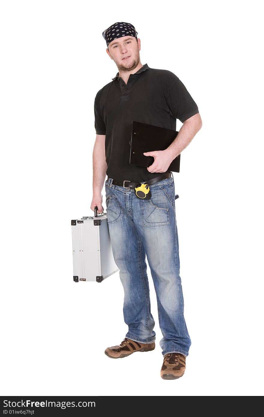 Workman with tools over white background. Workman with tools over white background