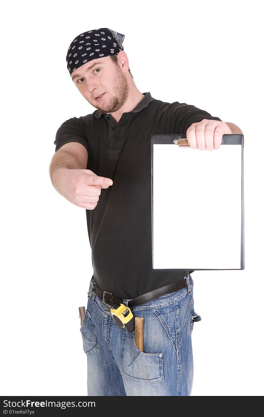 Workman with tools over white background. Workman with tools over white background