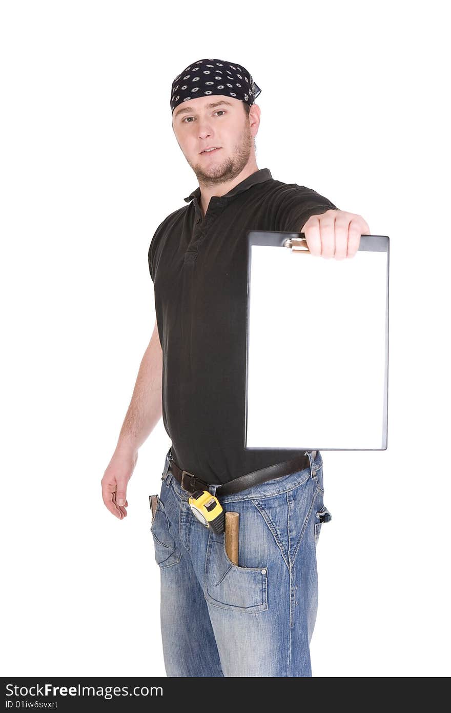 Workman with tools over white background. Workman with tools over white background