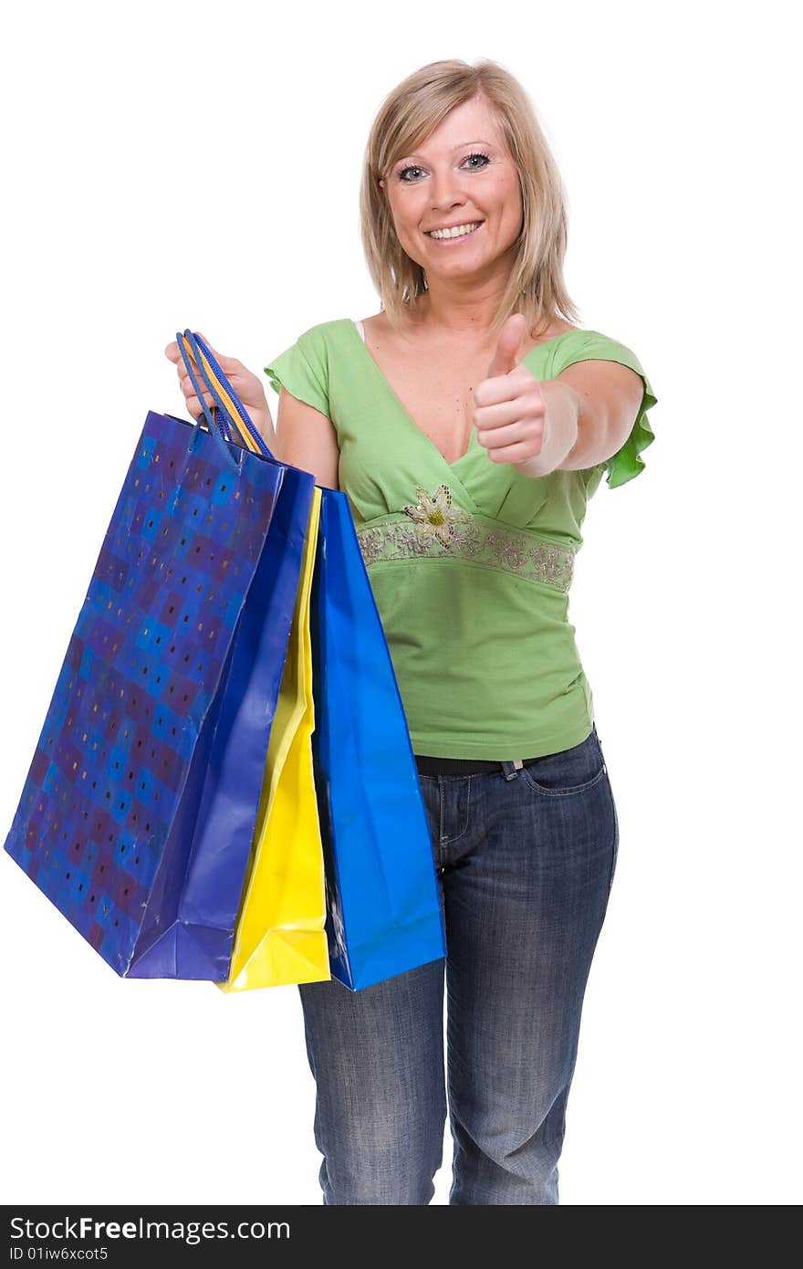 Casual woman with shopping bags. over white background