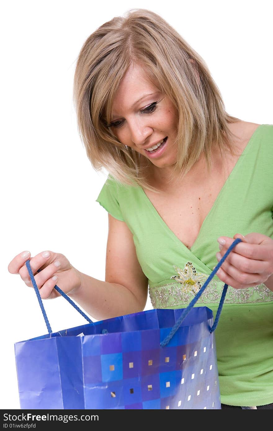 Casual woman with shopping bags. over white background