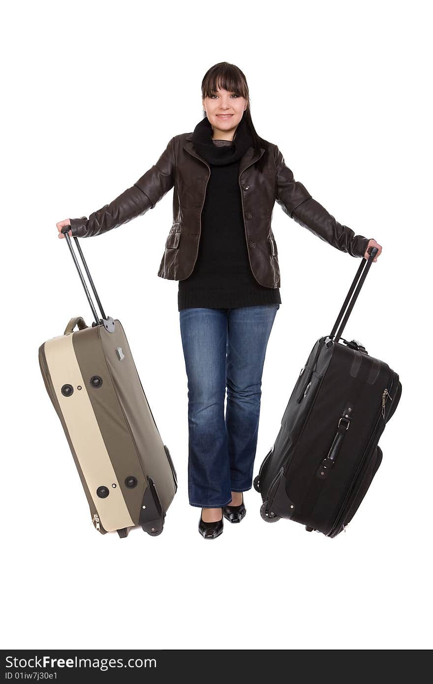 Attractive brunette woman with suitcase. over white background. Attractive brunette woman with suitcase. over white background