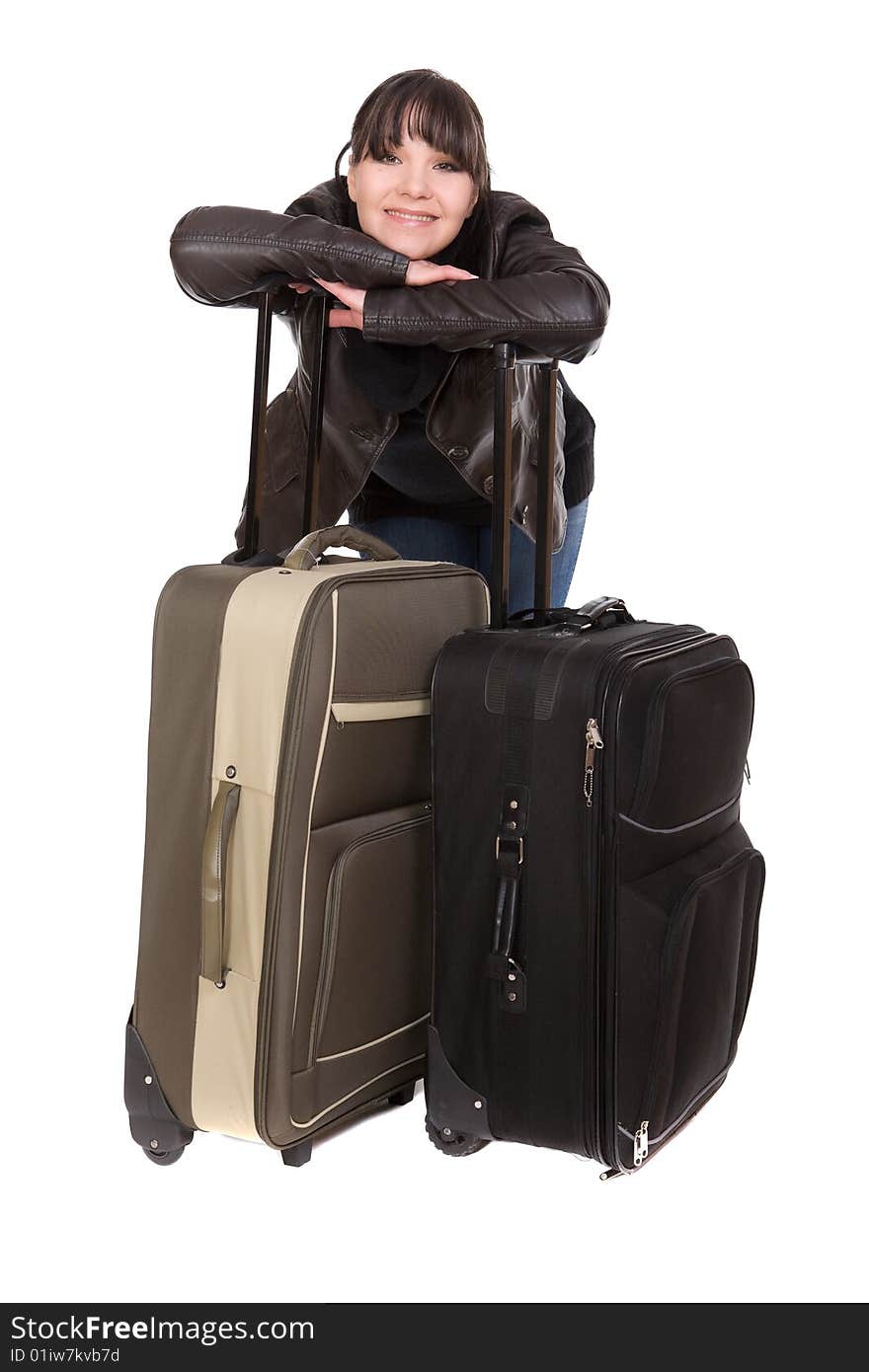 Attractive brunette woman with suitcase. over white background. Attractive brunette woman with suitcase. over white background