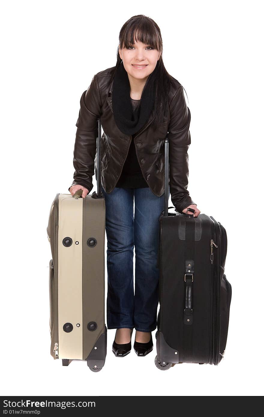 Attractive brunette woman with suitcase. over white background. Attractive brunette woman with suitcase. over white background