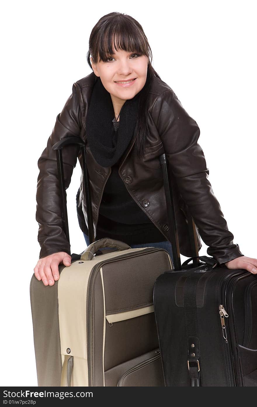 Attractive brunette woman with suitcase. over white background. Attractive brunette woman with suitcase. over white background