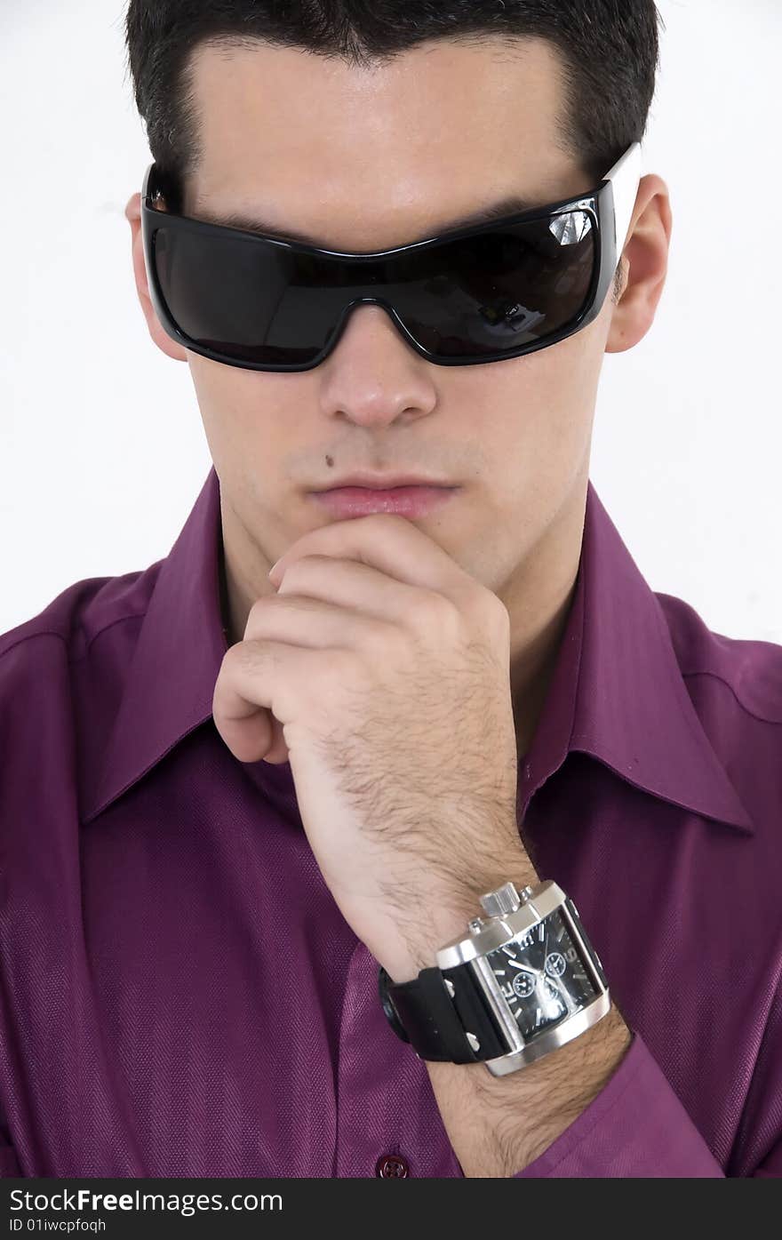 Young man with sunglasses isolated on white background