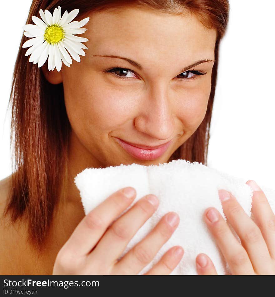 Beautiful spa woman against a white background.