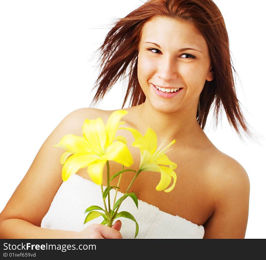 Beautiful spa woman against a white background.