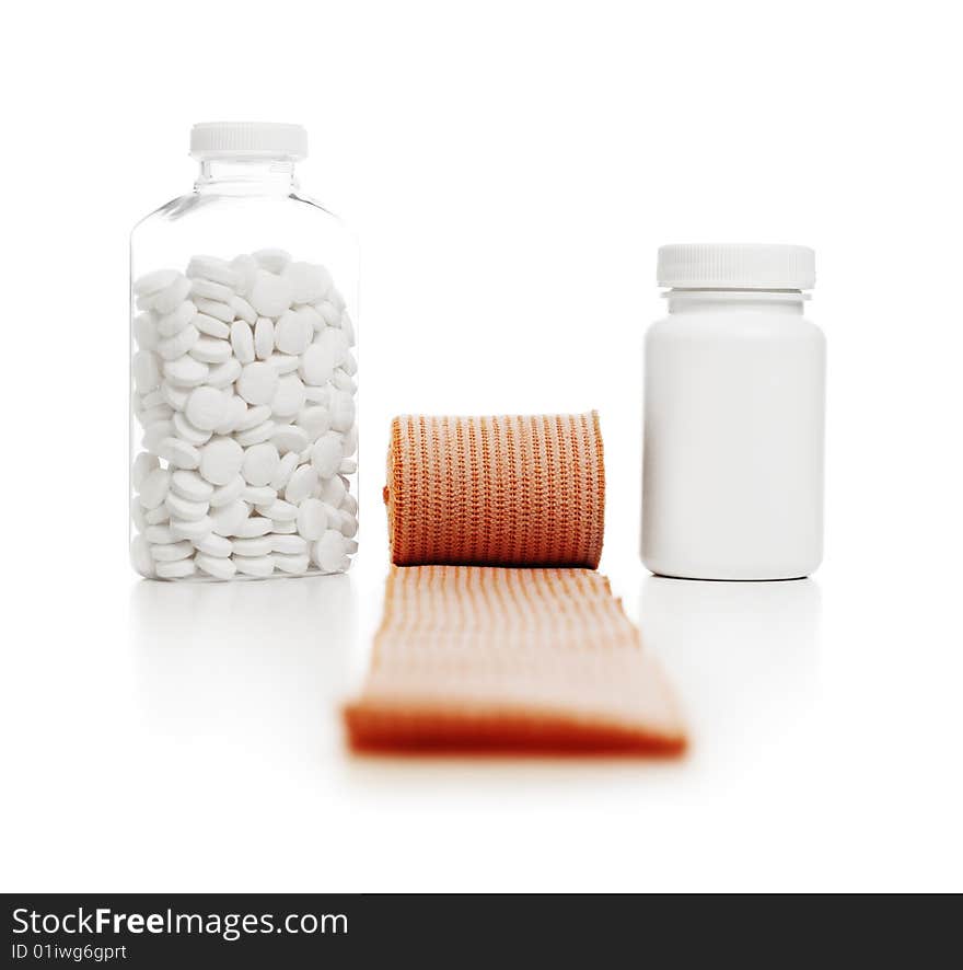 Medical supplies isolated on a bright white background.