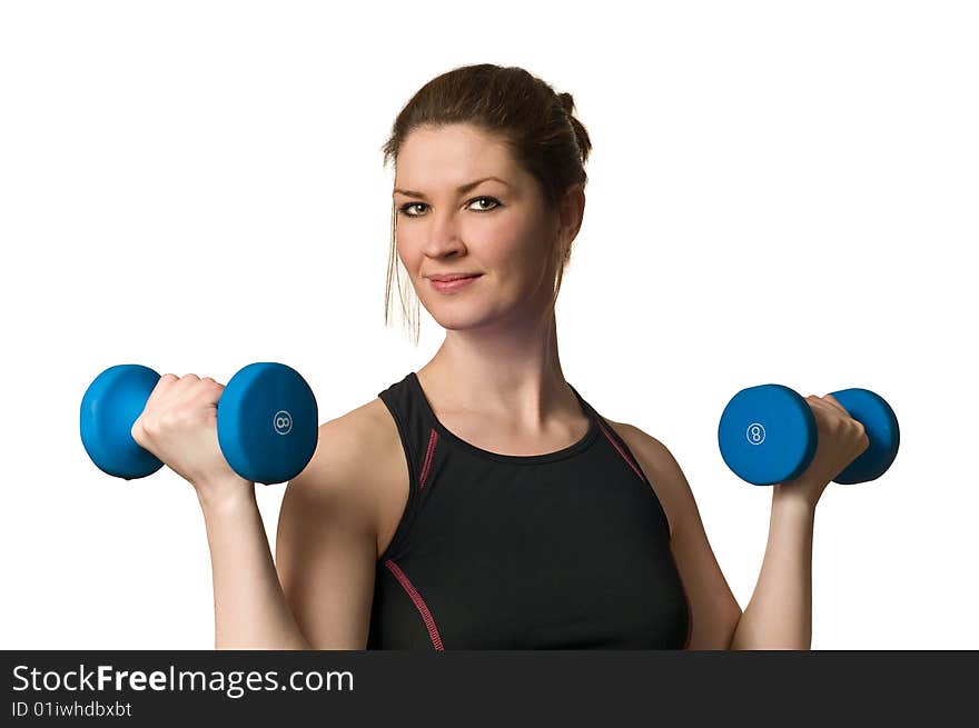 Beautiful Fitness Woman Exercising w/ Weightlifting Dumbell hand weights isolated on white background. Beautiful Fitness Woman Exercising w/ Weightlifting Dumbell hand weights isolated on white background