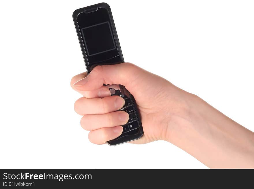 Cell phone in hands over white