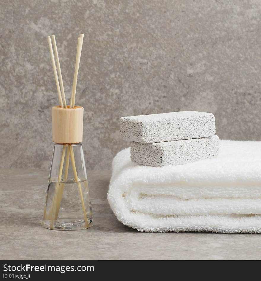 Spa display against a gray stone background.