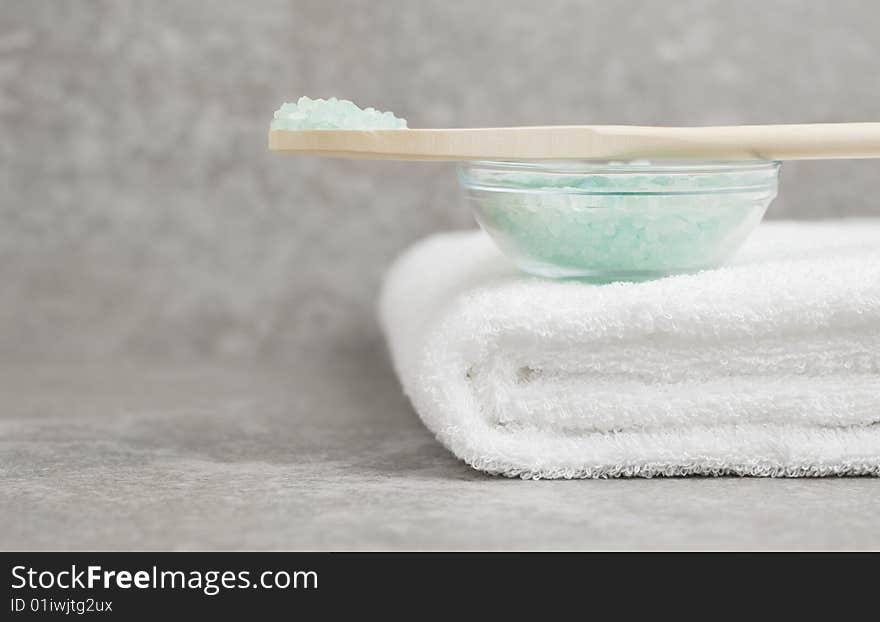 Spa display against a gray stone background.