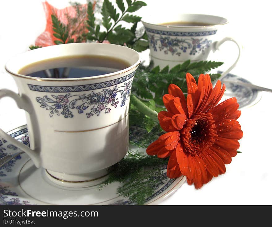 Two coffe cups with one red flower with morning dew or raindrops. Two coffe cups with one red flower with morning dew or raindrops