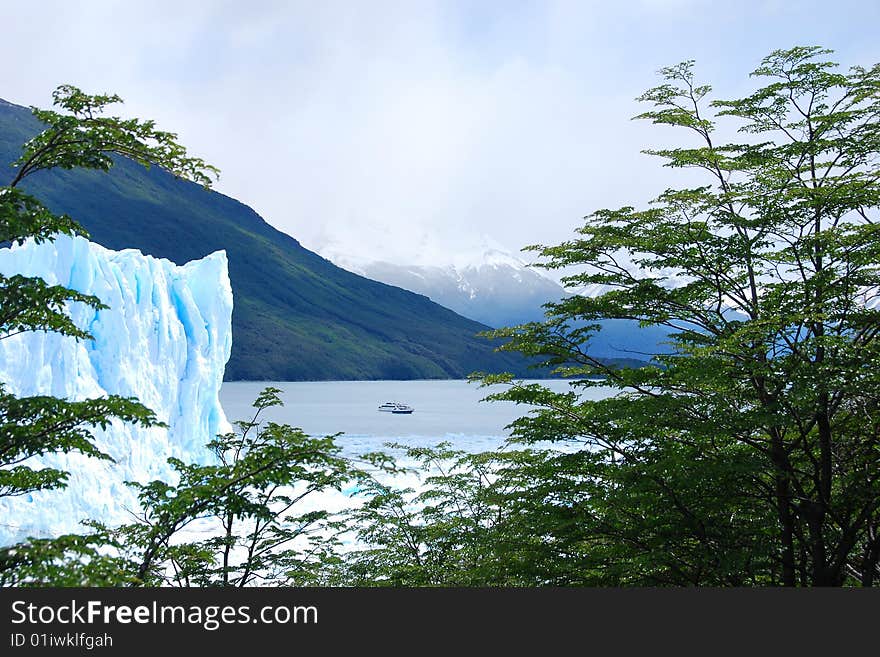 View of Perito Moreno Glacier through the trees with tour boats in the distance