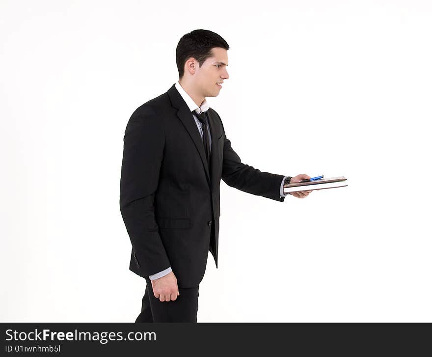 Businessman with agenda isolated on white background