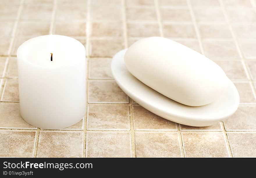 Spa display against a stone tile backdrop.